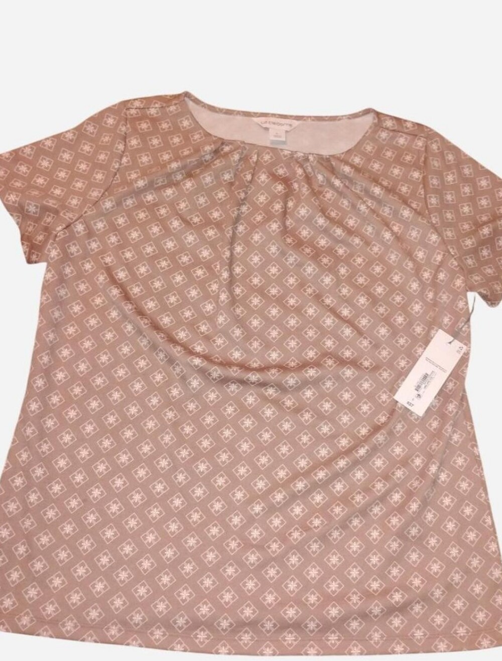 Liz Claiborne Women's Short Sleeve Pleated Neck Top - Burlwood Foulard (Size Lar